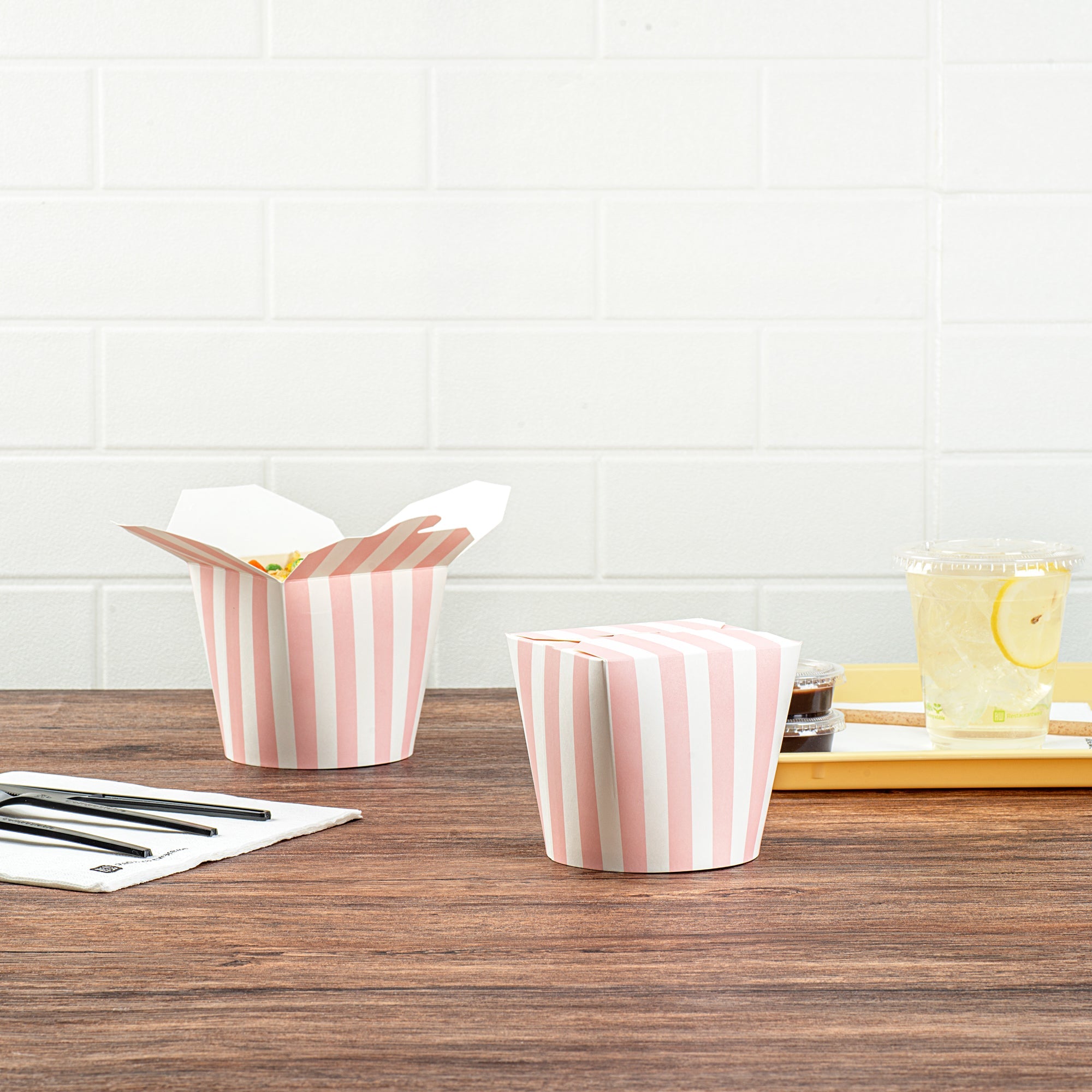 Bio Tek 26 oz Round Pink and White Stripe Paper Noodle Take Out Container - 4" x 3 1/2" x 3 3/4" - 50 count box