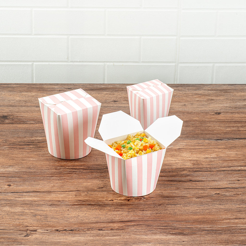 Bio Tek 26 oz Round Pink and White Stripe Paper Noodle Take Out Container - 4" x 3 1/2" x 3 3/4" - 50 count box