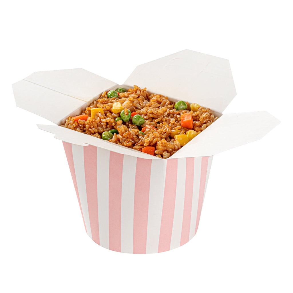 Bio Tek 26 oz Round Pink and White Stripe Paper Noodle Take Out Container - 4" x 3 1/2" x 3 3/4" - 200 count box