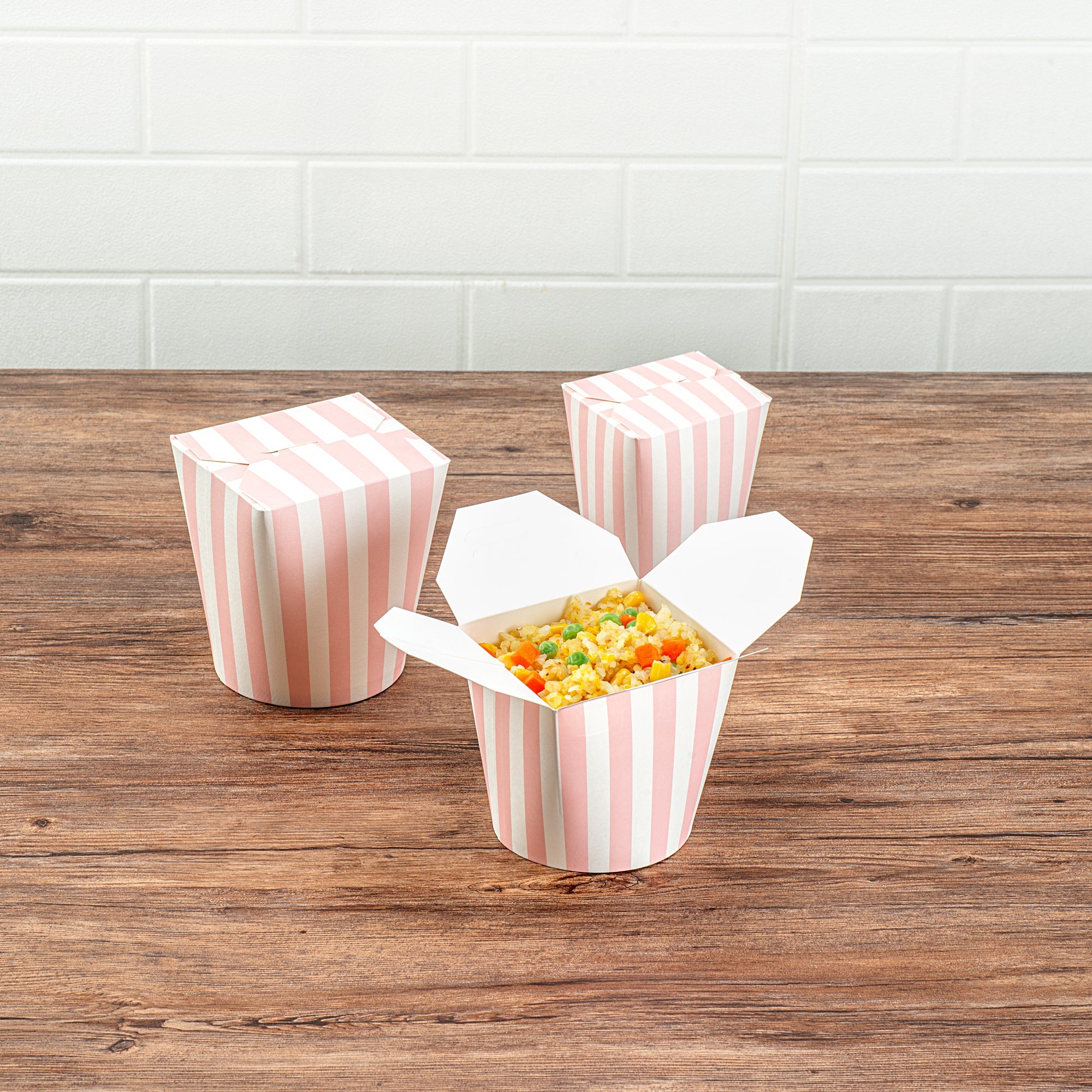 Bio Tek 26 oz Round Pink and White Stripe Paper Noodle Take Out Container - 4" x 3 1/2" x 3 3/4" - 200 count box