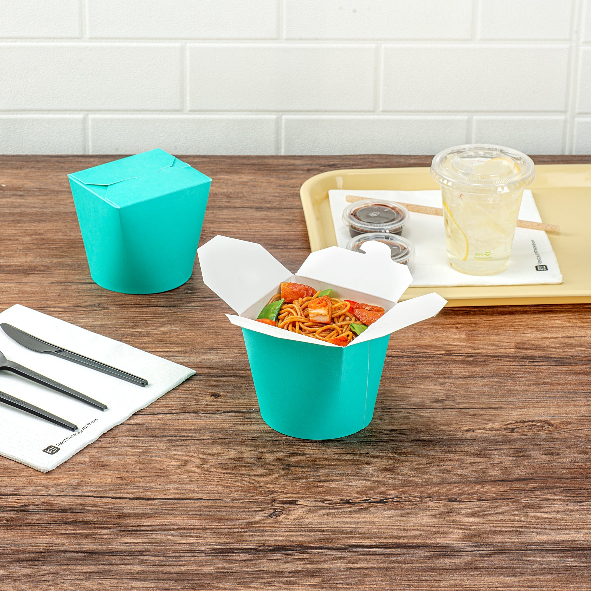Bio Tek 26 oz Round Turquoise Paper Noodle Take Out Container - 4" x 3 1/2" x 3 3/4" - 50 count box