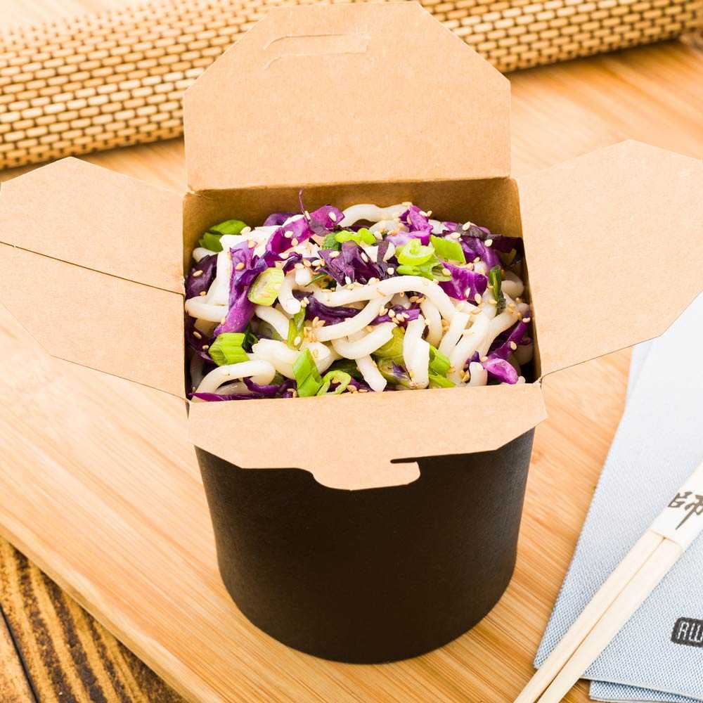 Bio Tek 32 oz Round Black Paper Noodle Take Out Container - 4" x 3 1/2" x 4 1/2" - 50 count box