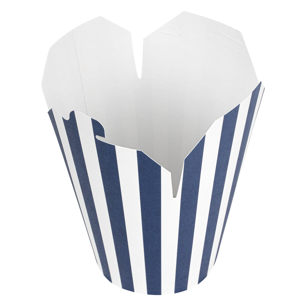 Bio Tek 32 oz Round Blue and White Stripe Paper Noodle Take Out Container - 4" x 3 1/2" x 4 1/2" - 50 count box