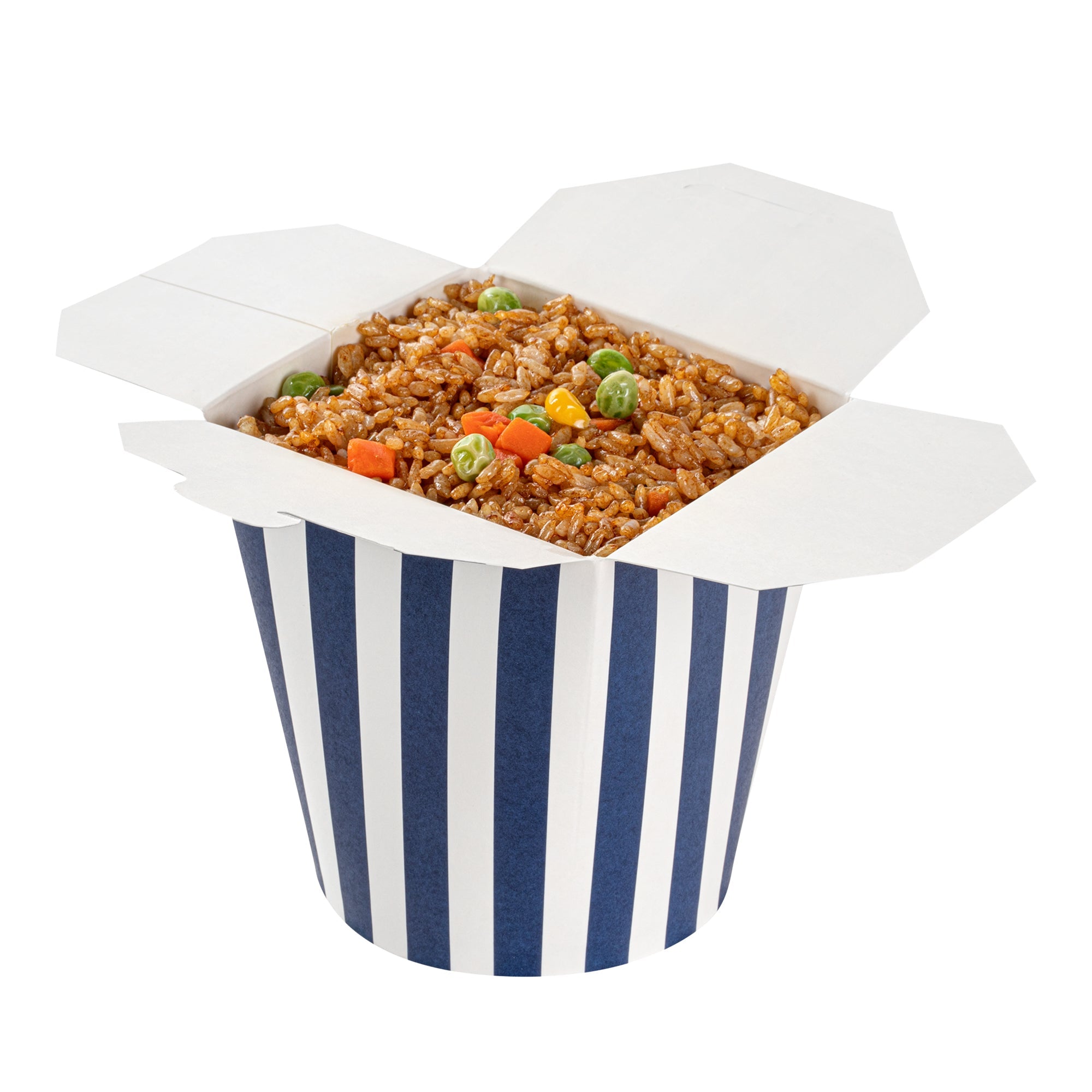 Bio Tek 32 oz Round Blue and White Stripe Paper Noodle Take Out Container - 4" x 3 1/2" x 4 1/2" - 200 count box