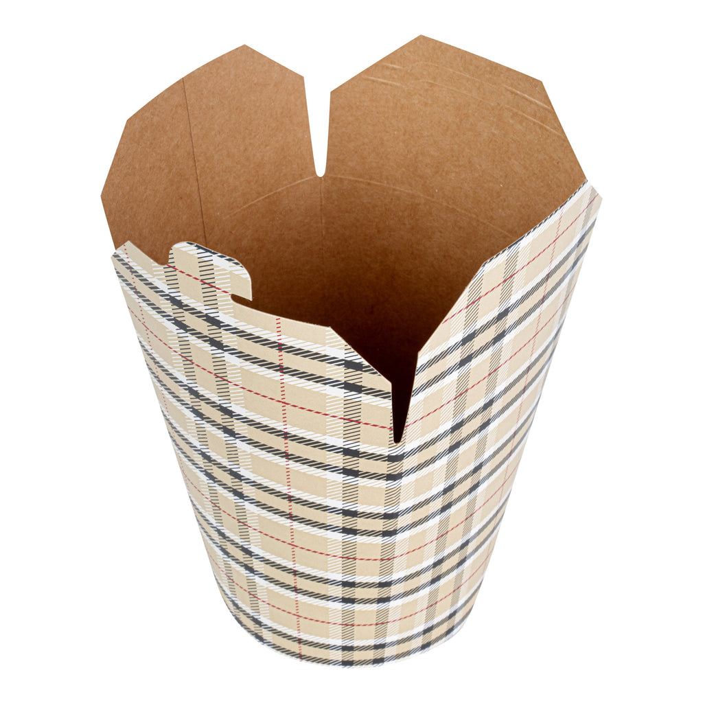 Bio Tek 32 oz Round Plaid Paper Noodle Take Out Container - 4" x 3 1/2" x 4 1/2" - 50 count box