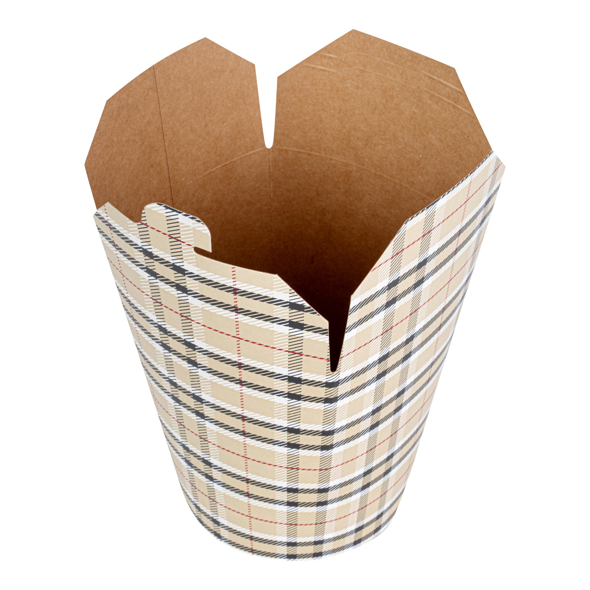 Bio Tek 32 oz Round Plaid Paper Noodle Take Out Container - 4" x 3 1/2" x 4 1/2" - 50 count box