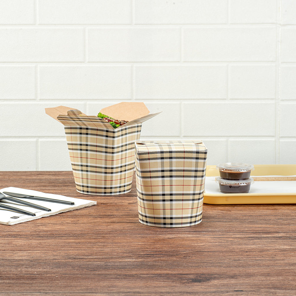 Bio Tek 32 oz Round Plaid Paper Noodle Take Out Container - 4" x 3 1/2" x 4 1/2" - 50 count box