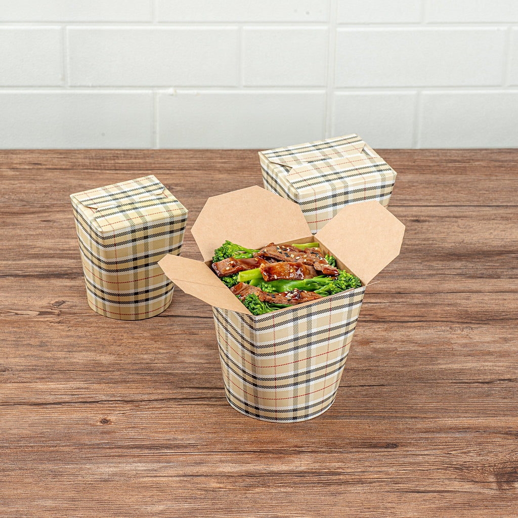Bio Tek 32 oz Round Plaid Paper Noodle Take Out Container - 4" x 3 1/2" x 4 1/2" - 50 count box