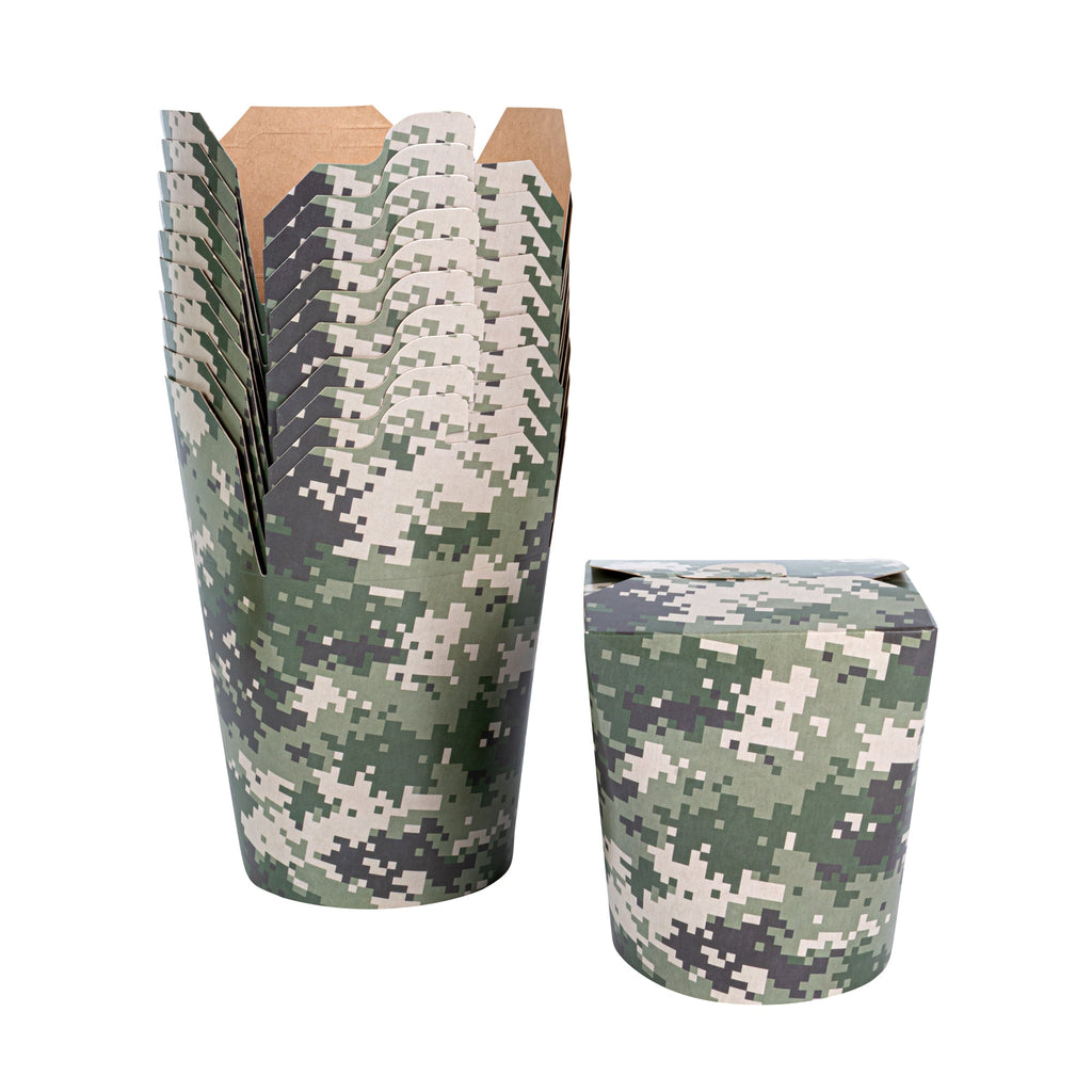 Bio Tek 32 oz Round Camouflage Paper Noodle Take Out Container - 4" x 3 1/2" x 4 1/2" - 50 count box