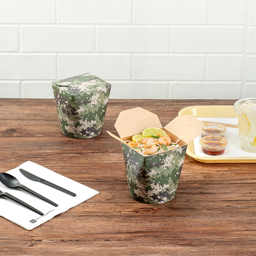 Bio Tek 32 oz Round Camouflage Paper Noodle Take Out Container - 4" x 3 1/2" x 4 1/2" - 50 count box