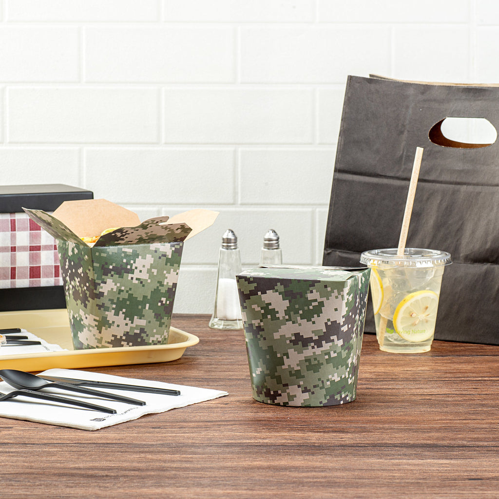 Bio Tek 32 oz Round Camouflage Paper Noodle Take Out Container - 4" x 3 1/2" x 4 1/2" - 50 count box