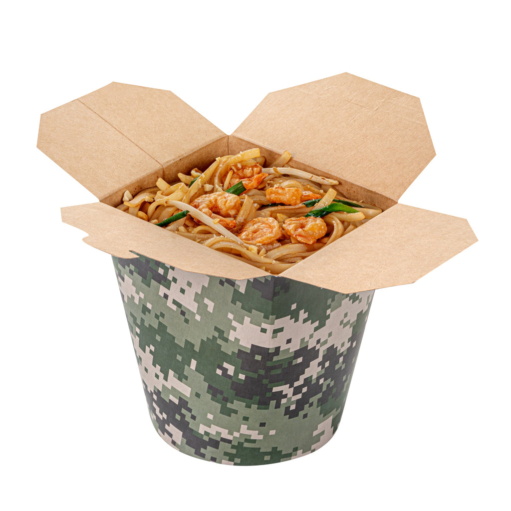Bio Tek 32 oz Round Camouflage Paper Noodle Take Out Container - 4" x 3 1/2" x 4 1/2" - 200 count box