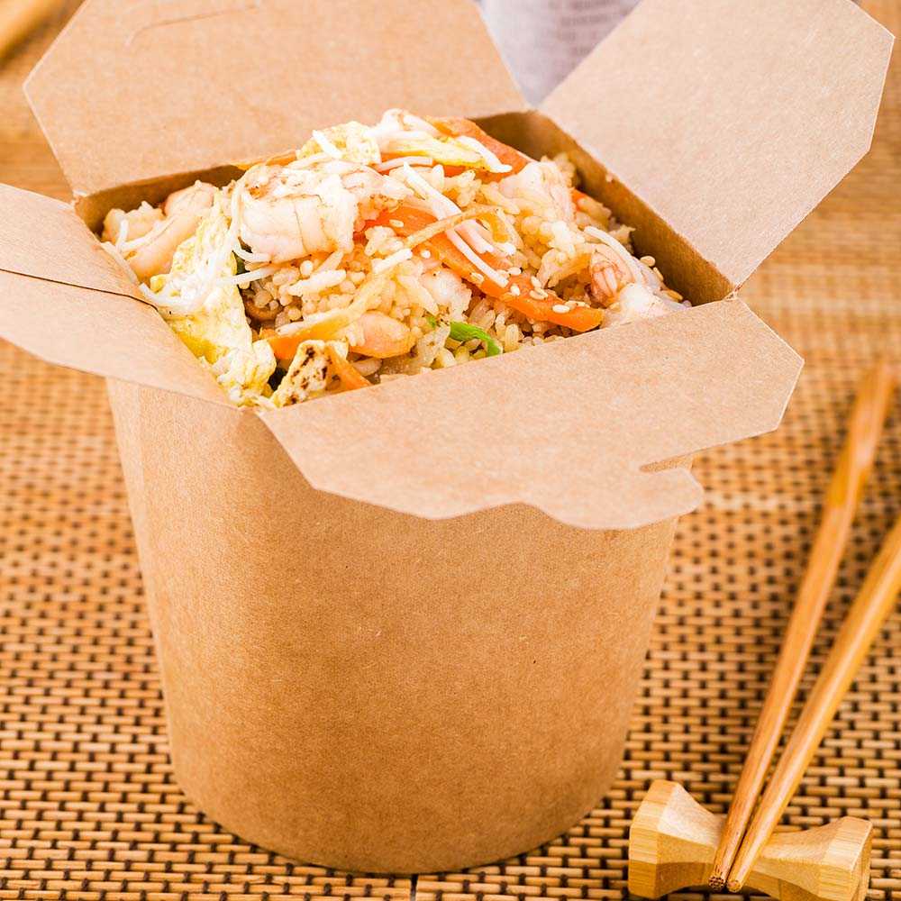 Bio Tek 32 oz Round Kraft Paper Noodle Take Out Container - 4" x 3 1/2" x 4 1/2" - 50 count box