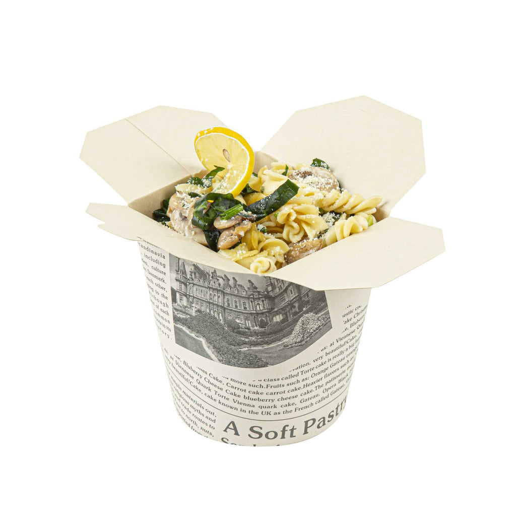 Bio Tek 32 oz Round Newsprint Paper Noodle Take Out Container - 4" x 3 1/2" x 4 1/2" - 50 count box