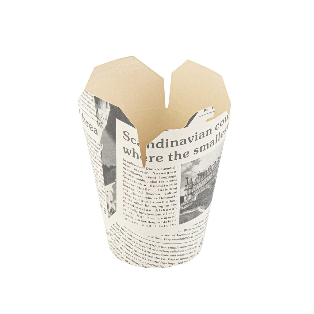 Bio Tek 32 oz Round Newsprint Paper Noodle Take Out Container - 4" x 3 1/2" x 4 1/2" - 50 count box