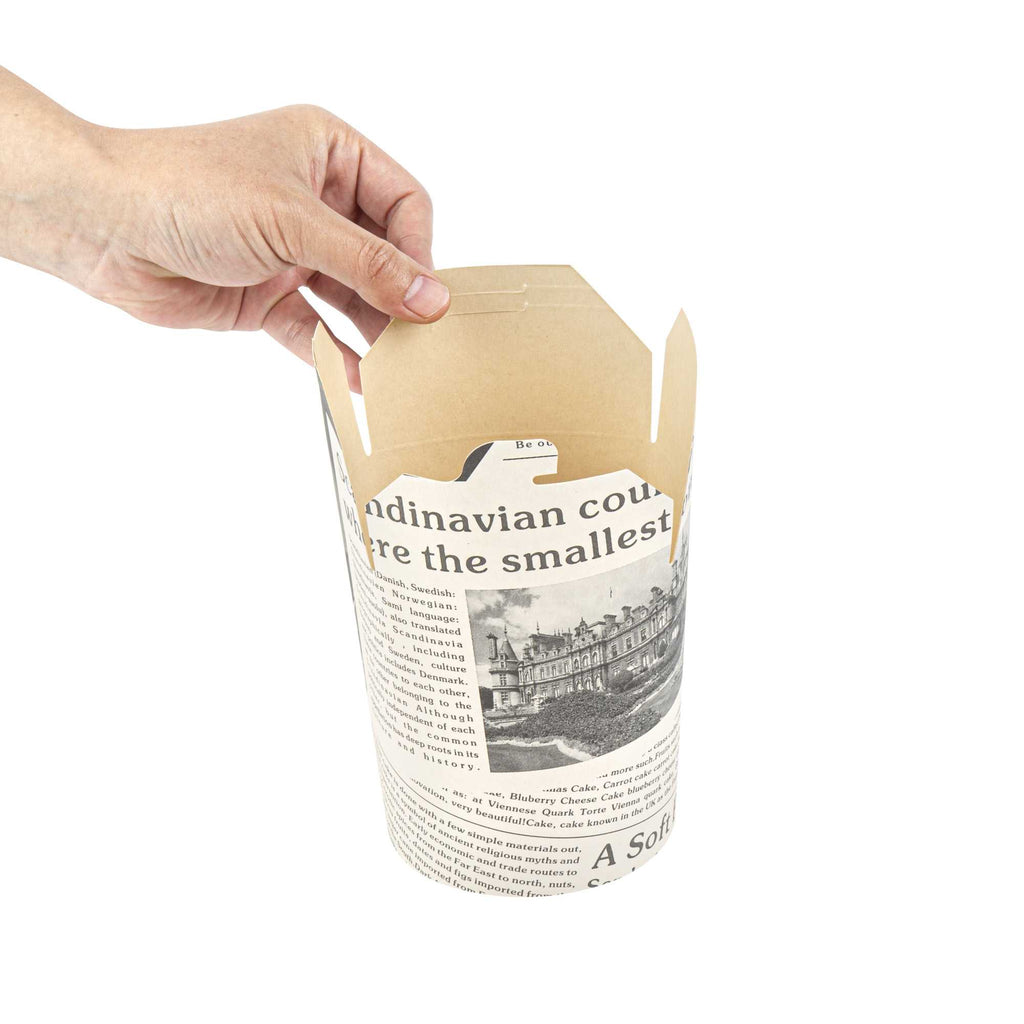 Bio Tek 32 oz Round Newsprint Paper Noodle Take Out Container - 4" x 3 1/2" x 4 1/2" - 200 count box