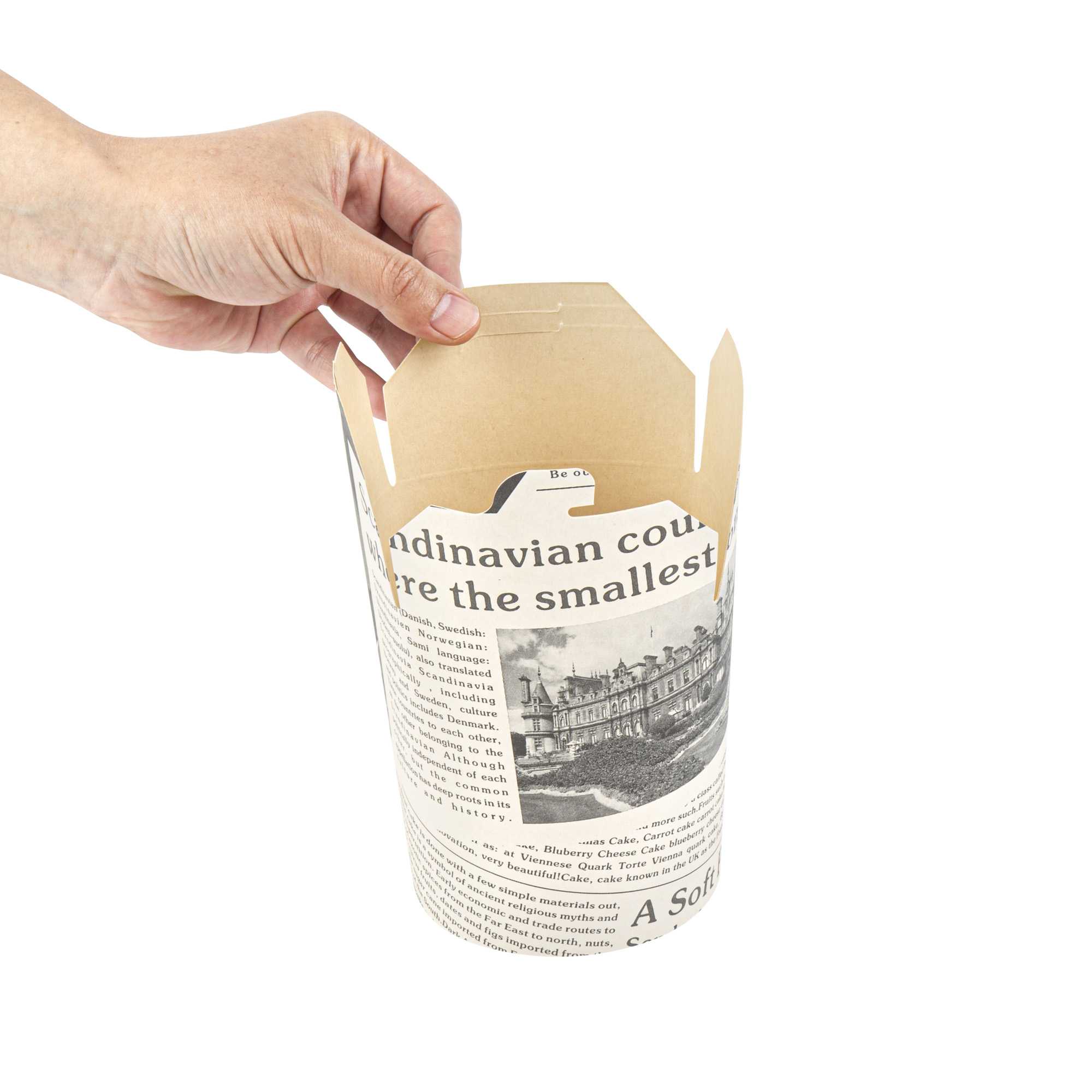 Bio Tek 32 oz Round Newsprint Paper Noodle Take Out Container - 4" x 3 1/2" x 4 1/2" - 200 count box