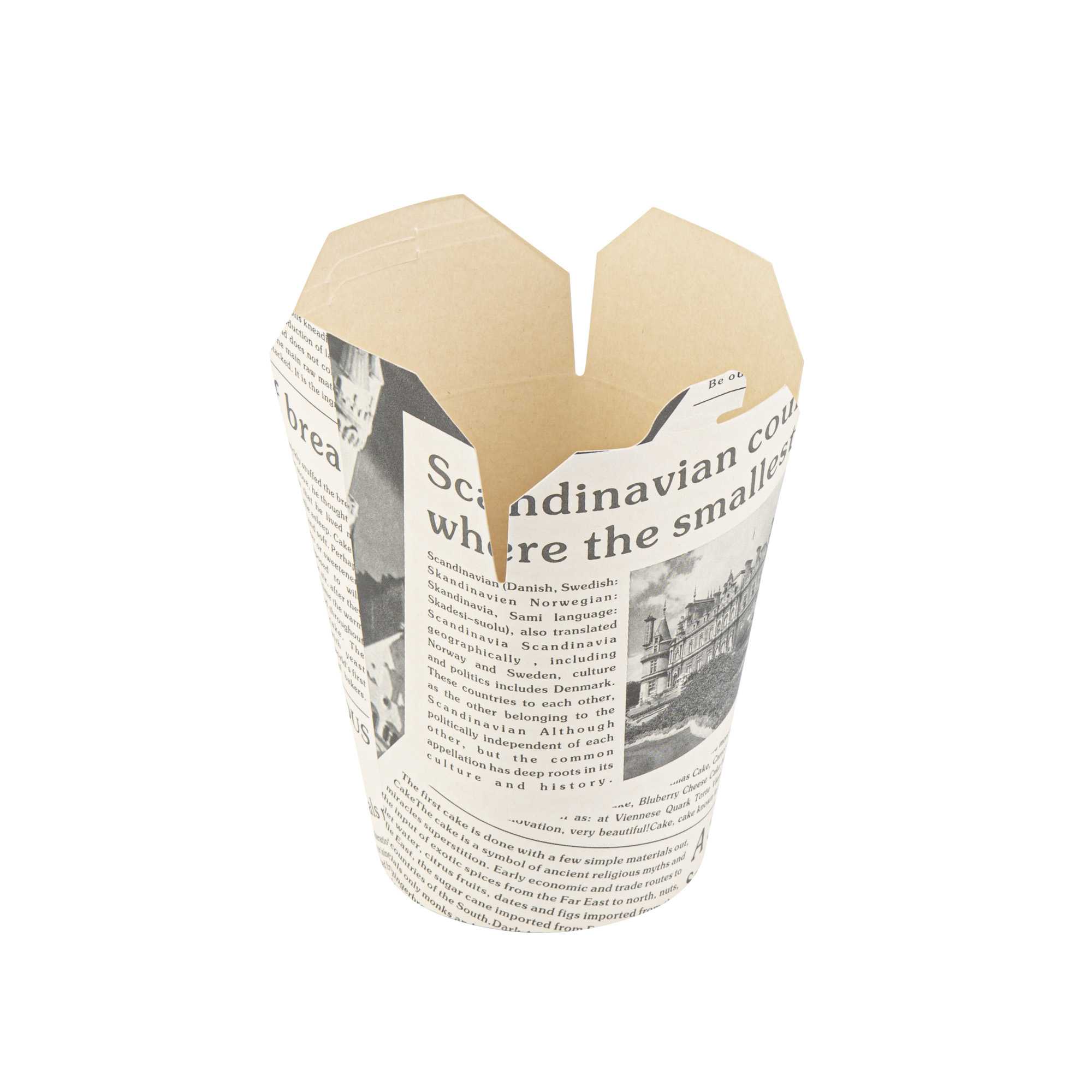 Bio Tek 32 oz Round Newsprint Paper Noodle Take Out Container - 4" x 3 1/2" x 4 1/2" - 200 count box