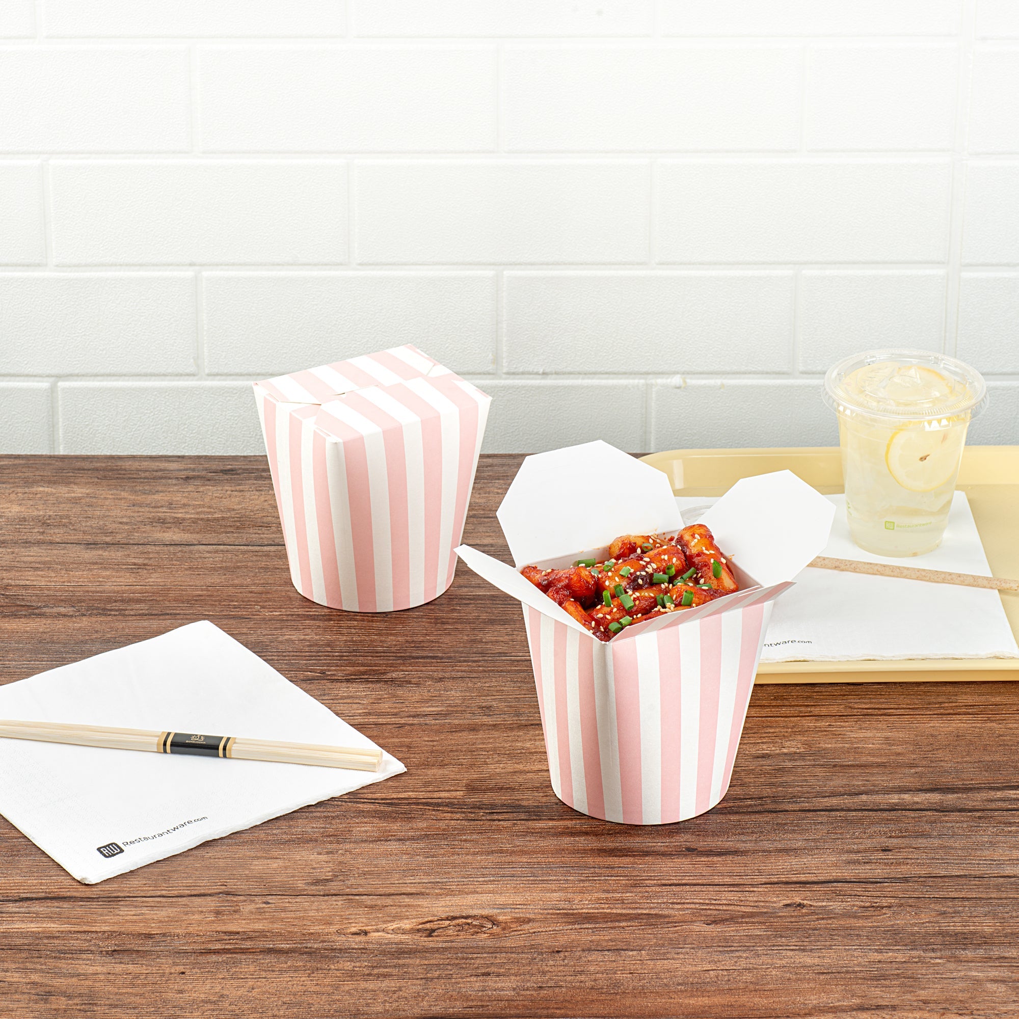 Bio Tek 32 oz Round Pink and White Stripe Paper Noodle Take Out Container - 4" x 3 1/2" x 4 1/2" - 50 count box