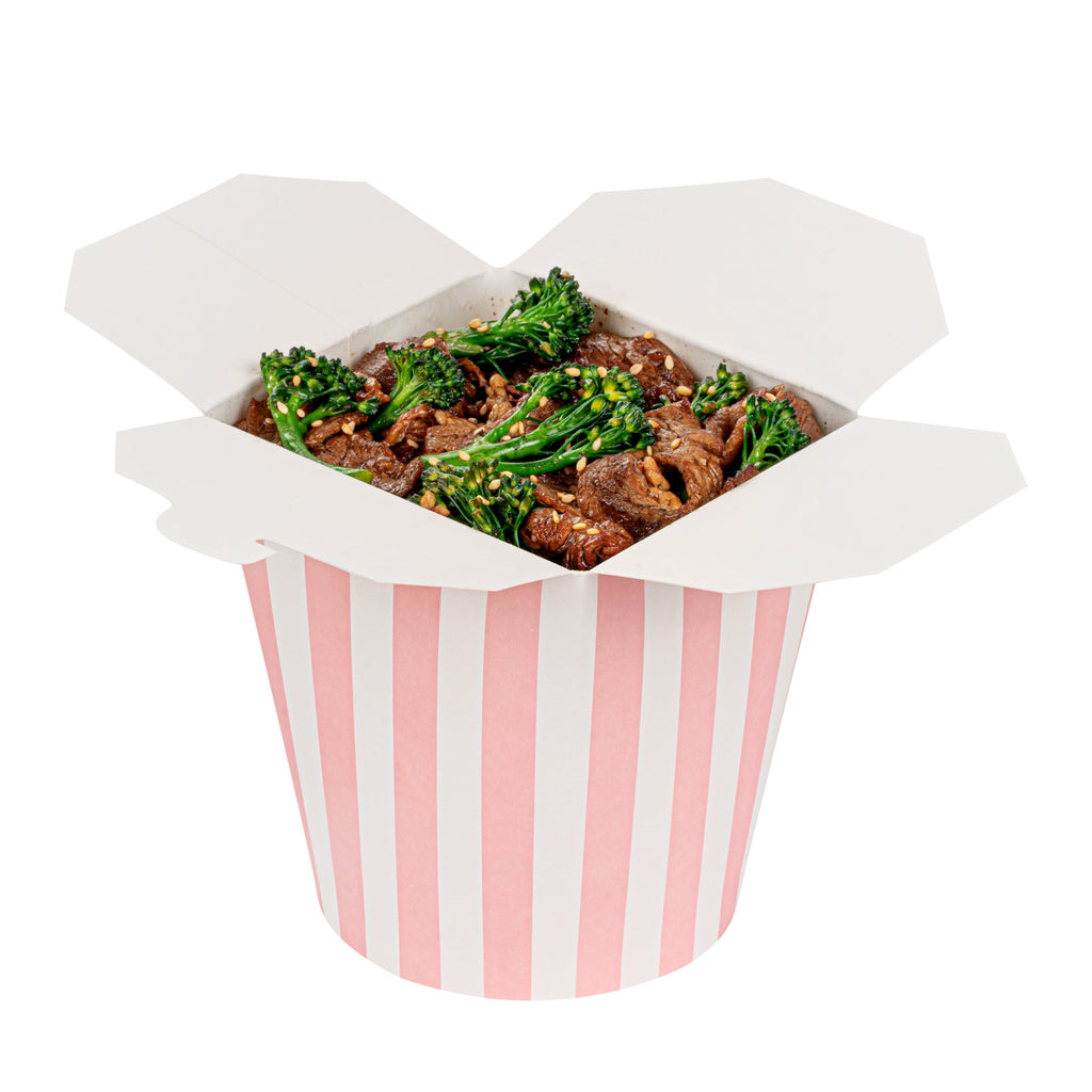 Bio Tek 32 oz Round Pink and White Stripe Paper Noodle Take Out Container - 4" x 3 1/2" x 4 1/2" - 50 count box