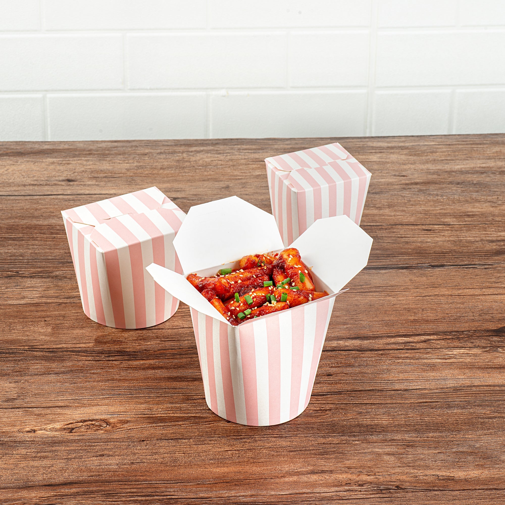 Bio Tek 32 oz Round Pink and White Stripe Paper Noodle Take Out Container - 4" x 3 1/2" x 4 1/2" - 50 count box