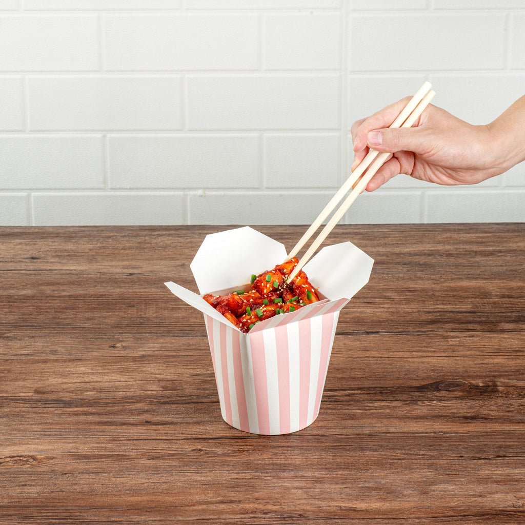 Bio Tek 32 oz Round Pink and White Stripe Paper Noodle Take Out Container - 4" x 3 1/2" x 4 1/2" - 200 count box