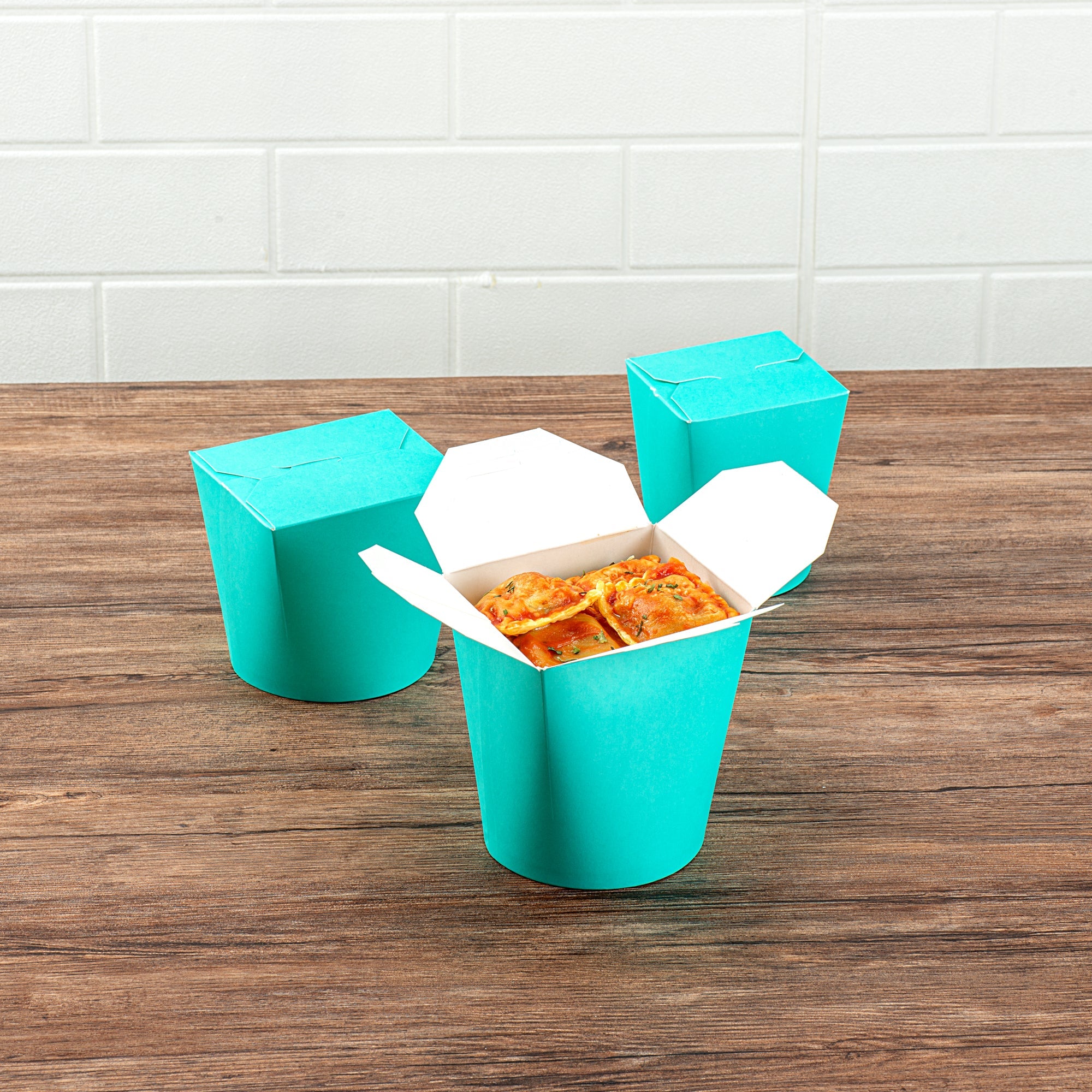 Bio Tek 32 oz Round Turquoise Paper Noodle Take Out Container - 4" x 3 1/2" x 4 1/2" - 50 count box