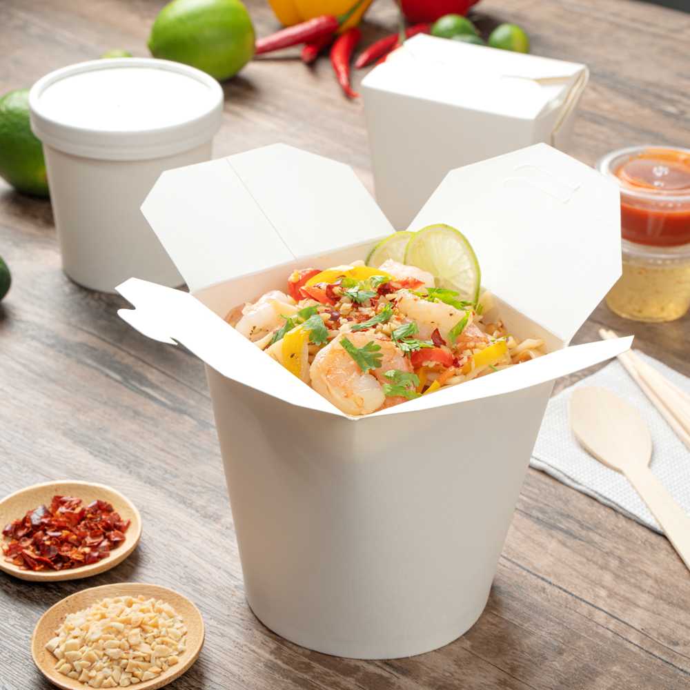 Bio Tek 32 oz Round White Paper Noodle Take Out Container - 4" x 3 1/2" x 4 1/2" - 200 count box