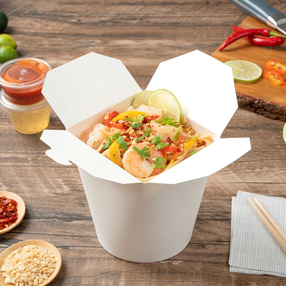 Bio Tek 32 oz Round White Paper Noodle Take Out Container - 4" x 3 1/2" x 4 1/2" - 50 count box
