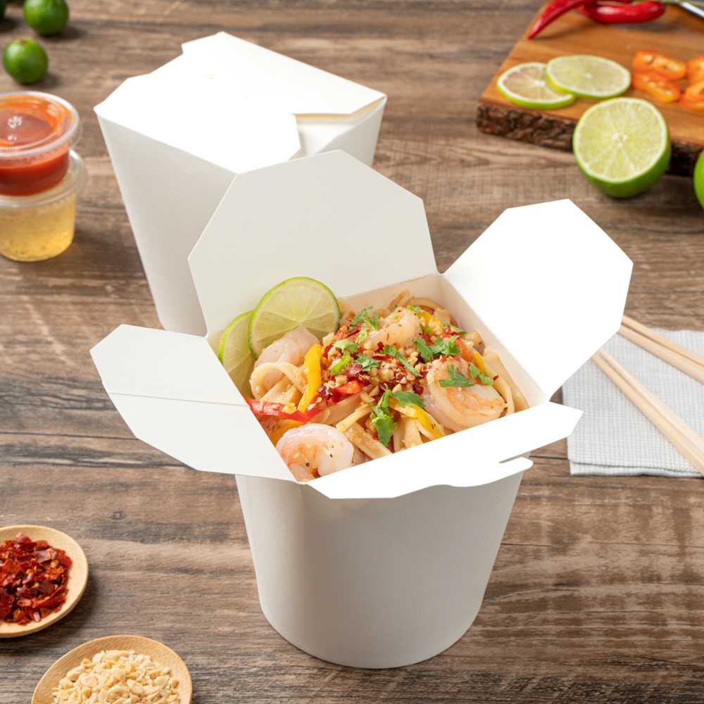 Bio Tek 32 oz Round White Paper Noodle Take Out Container - 4" x 3 1/2" x 4 1/2" - 50 count box