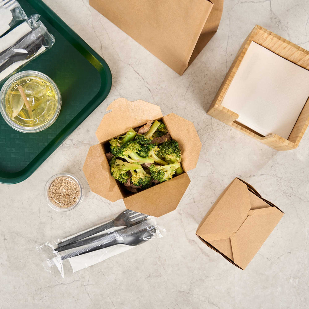Bio Tek 26 oz Square Kraft Paper Noodle Take Out Container - 4" x 3 1/2" x 4" - 25 count box