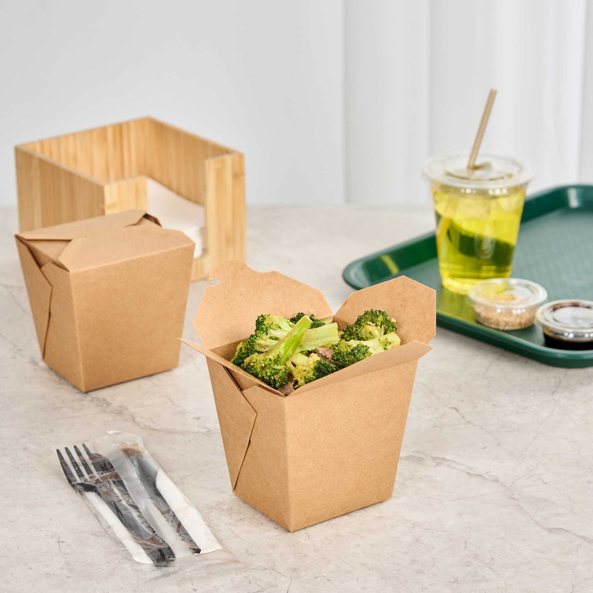 Bio Tek 26 oz Square Kraft Paper Noodle Take Out Container - 4" x 3 1/2" x 4" - 50 count box