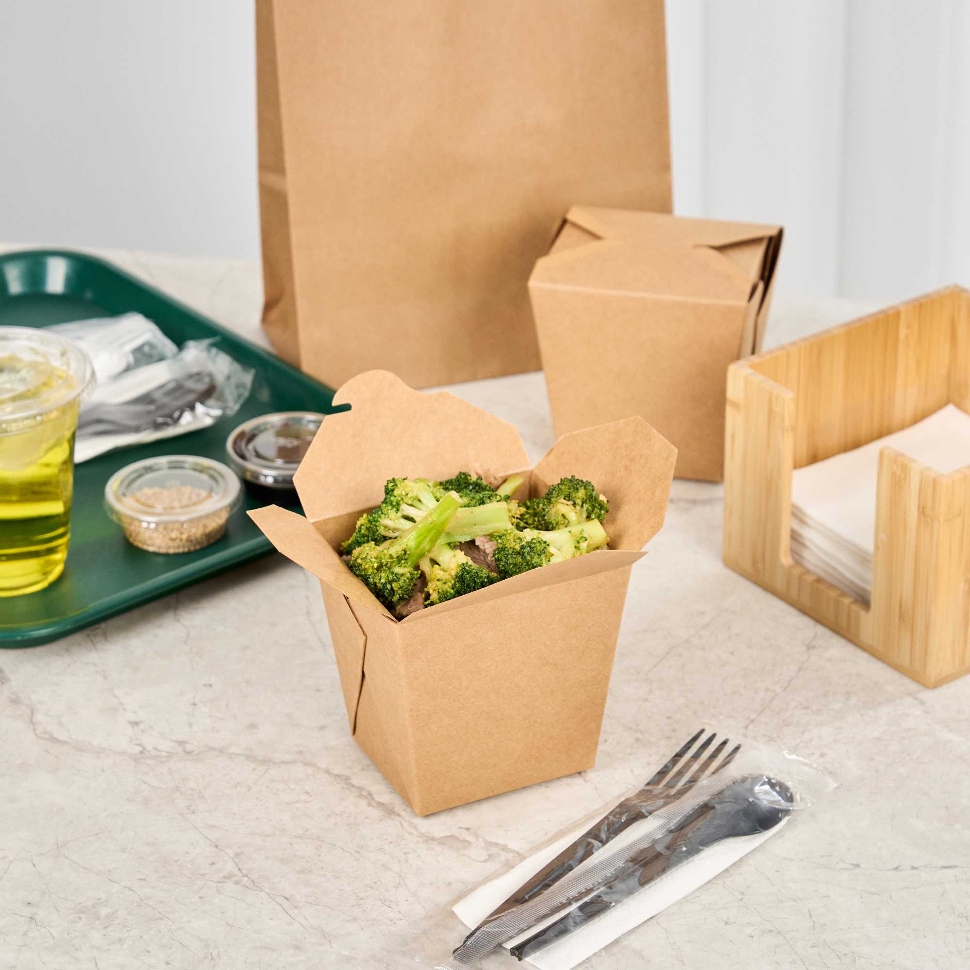 Bio Tek 26 oz Square Kraft Paper Noodle Take Out Container - 4" x 3 1/2" x 4" - 200 count box