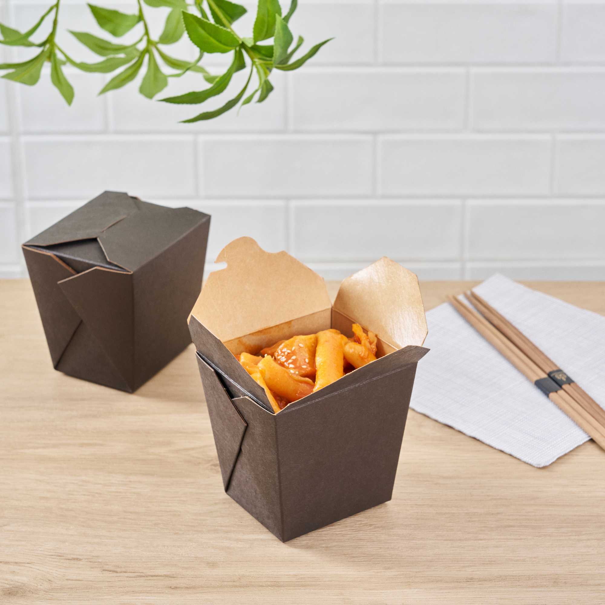Bio Tek 26 oz Square Black Paper Noodle Take Out Container - 4" x 3 1/2" x 4" - 200 count box