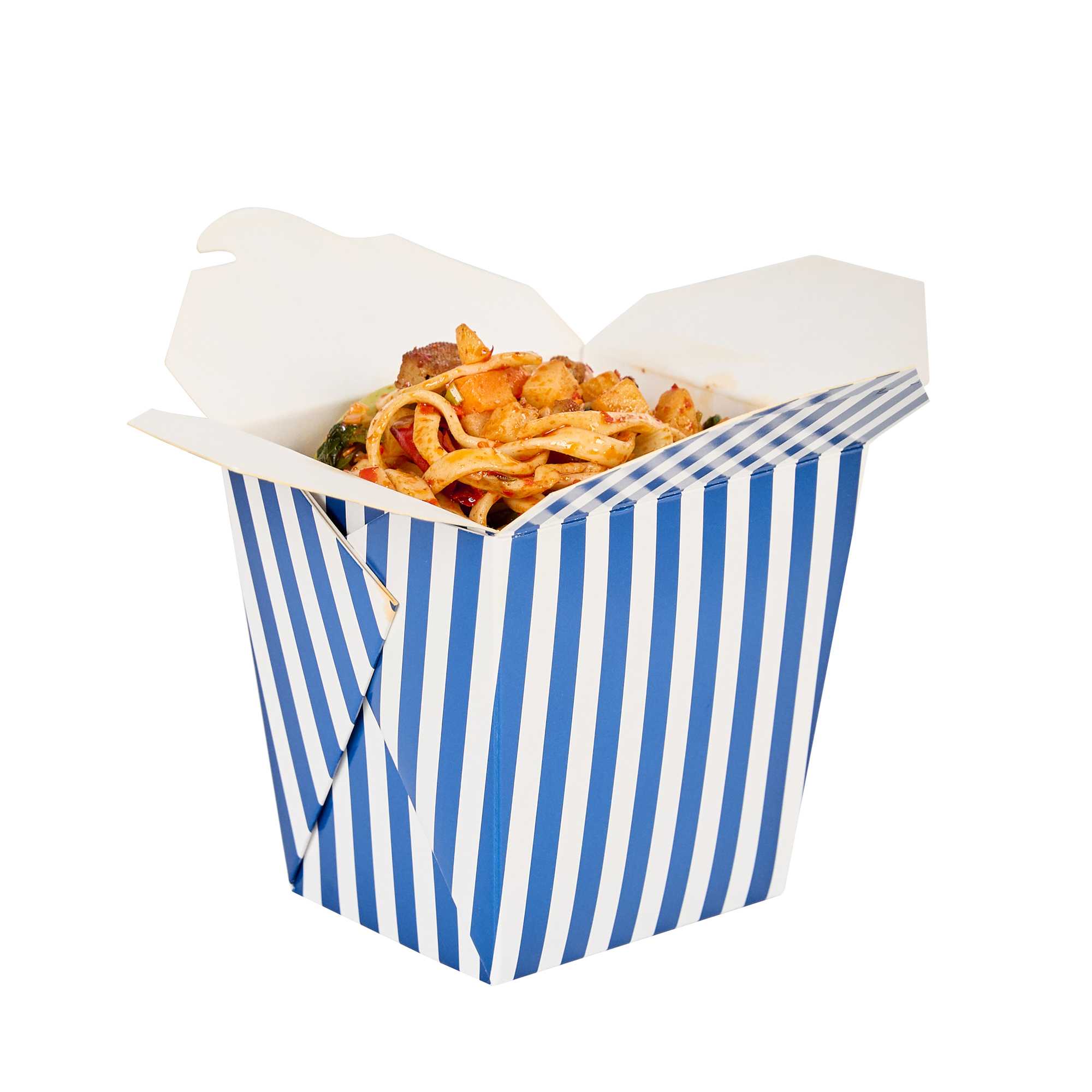 Bio Tek 26 oz Square Blue and White Stripe Paper Noodle Take Out Container - 4" x 3 1/2" x 4" - 200 count box