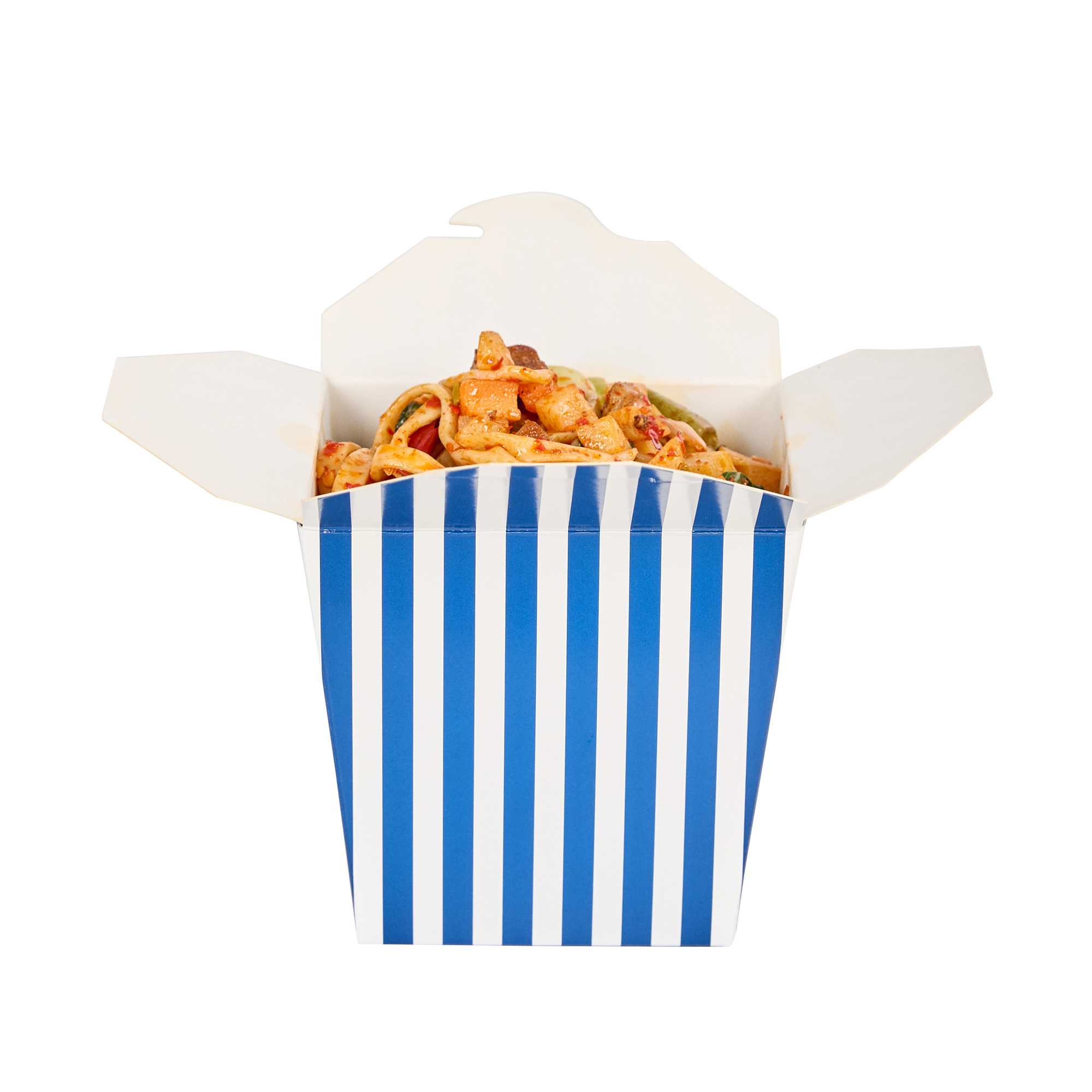 Bio Tek 26 oz Square Blue and White Stripe Paper Noodle Take Out Container - 4" x 3 1/2" x 4" - 50 count box