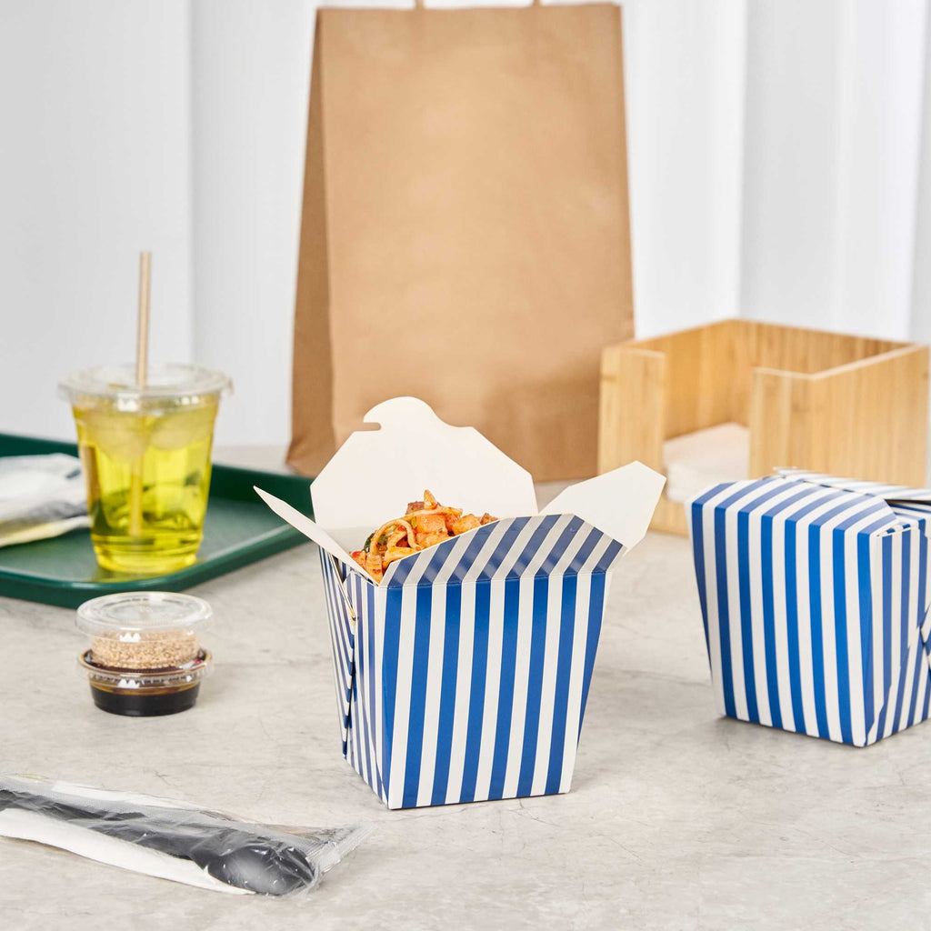 Bio Tek 26 oz Square Blue and White Stripe Paper Noodle Take Out Container - 4" x 3 1/2" x 4" - 50 count box