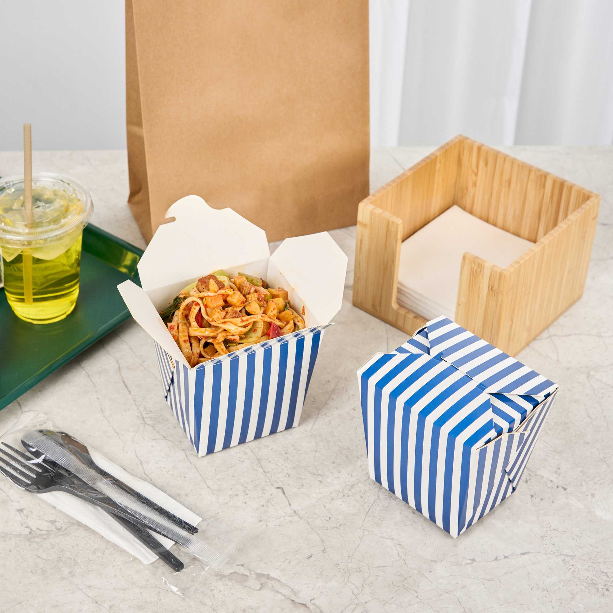 Bio Tek 26 oz Square Blue and White Stripe Paper Noodle Take Out Container - 4" x 3 1/2" x 4" - 50 count box