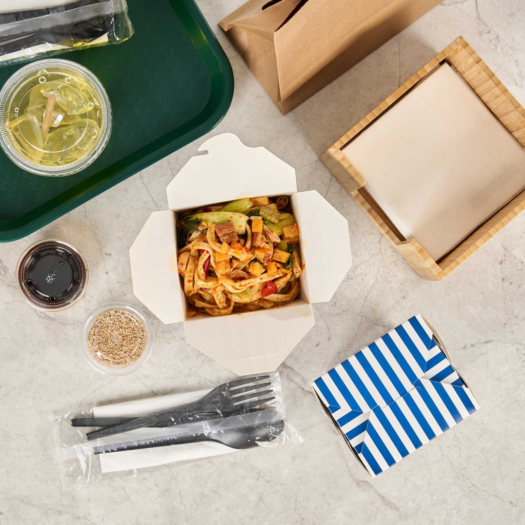 Bio Tek 26 oz Square Blue and White Stripe Paper Noodle Take Out Container - 4" x 3 1/2" x 4" - 50 count box