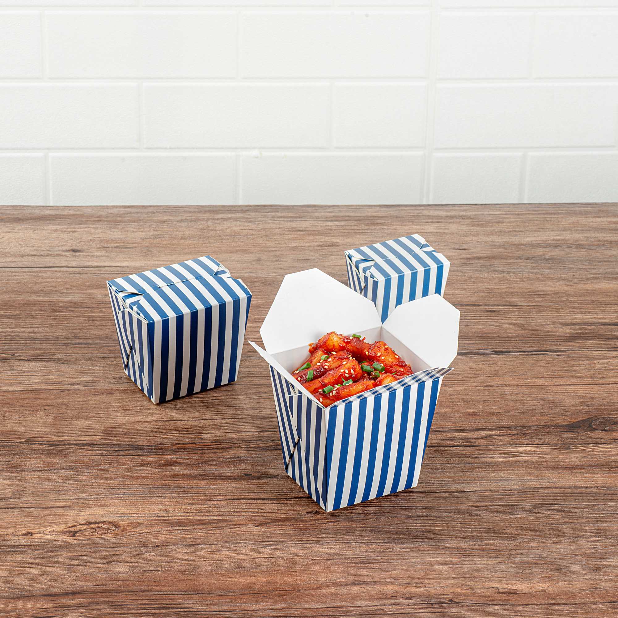 Bio Tek 26 oz Square Blue and White Stripe Paper Noodle Take Out Container - 4" x 3 1/2" x 4" - 50 count box