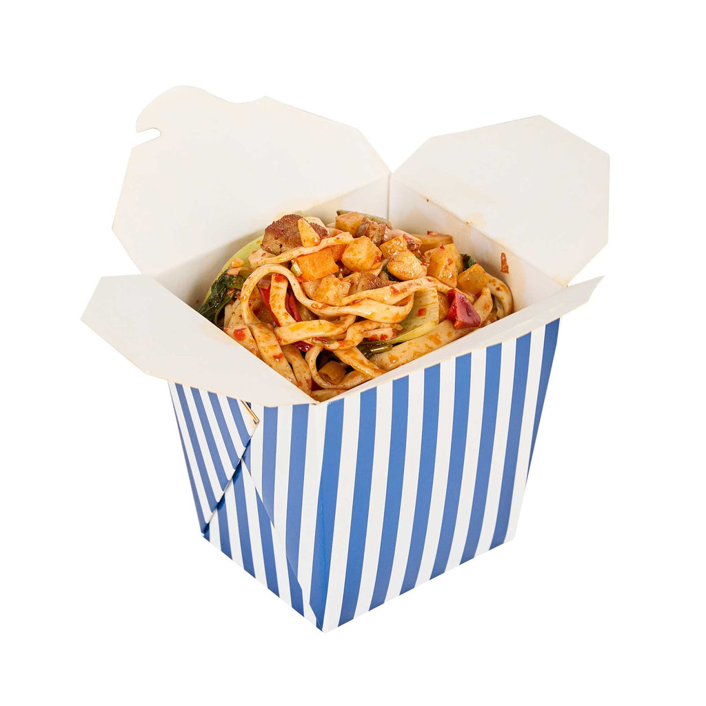 Bio Tek 26 oz Square Blue and White Stripe Paper Noodle Take Out Container - 4" x 3 1/2" x 4" - 200 count box
