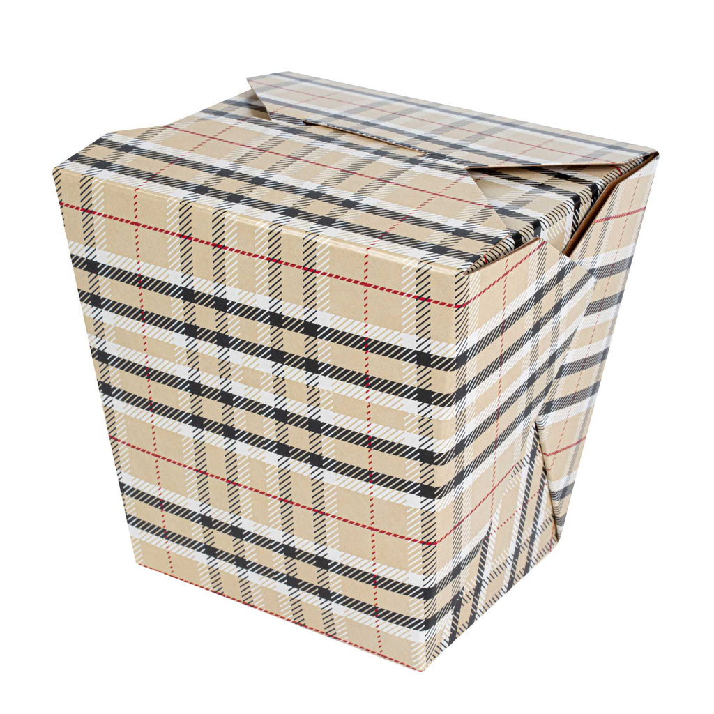 Bio Tek 26 oz Square Plaid Paper Noodle Take Out Container - 4" x 3 1/2" x 4" - 200 count box