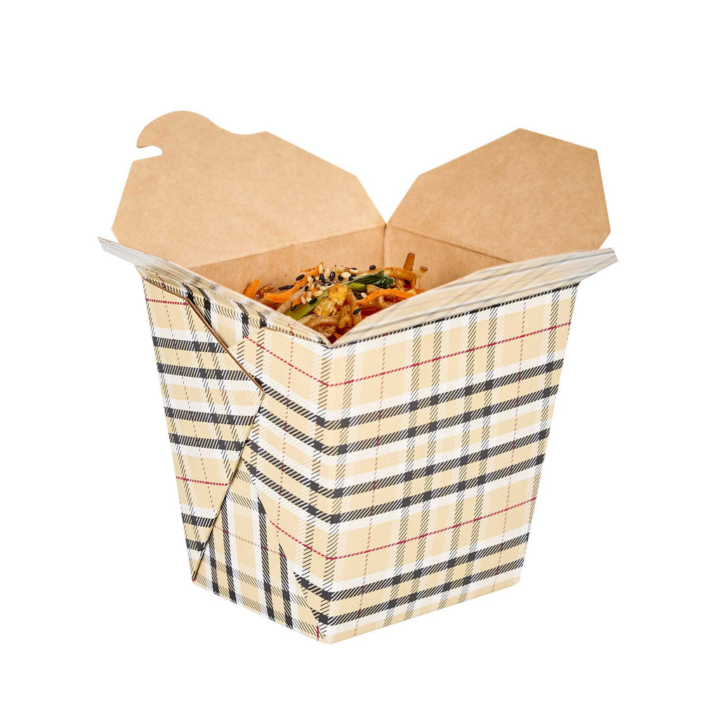 Bio Tek 26 oz Square Plaid Paper Noodle Take Out Container - 4" x 3 1/2" x 4" - 50 count box
