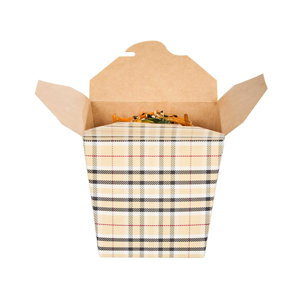 Bio Tek 26 oz Square Plaid Paper Noodle Take Out Container - 4" x 3 1/2" x 4" - 50 count box