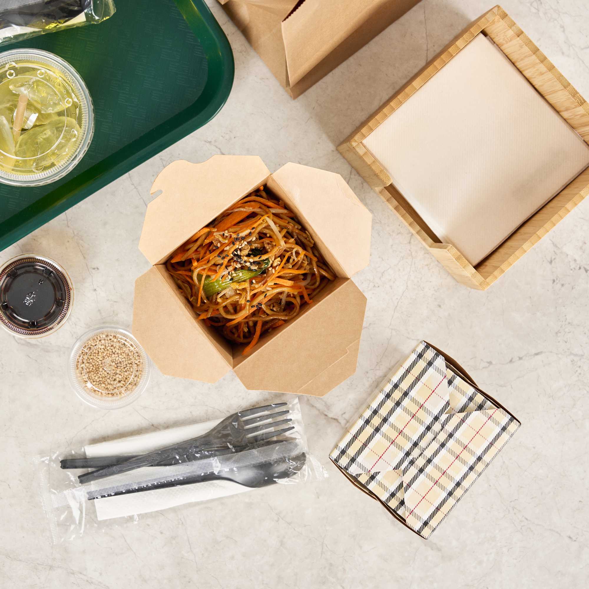 Bio Tek 26 oz Square Plaid Paper Noodle Take Out Container - 4" x 3 1/2" x 4" - 50 count box