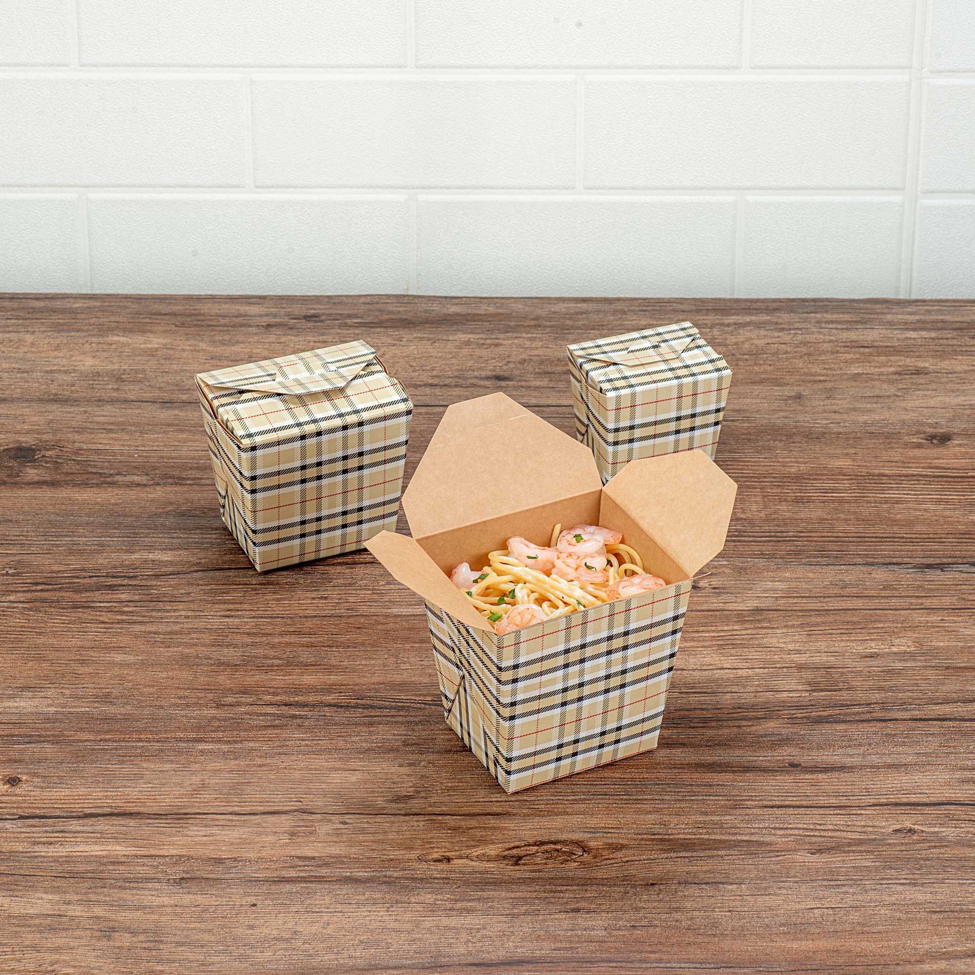 Bio Tek 26 oz Square Plaid Paper Noodle Take Out Container - 4" x 3 1/2" x 4" - 50 count box