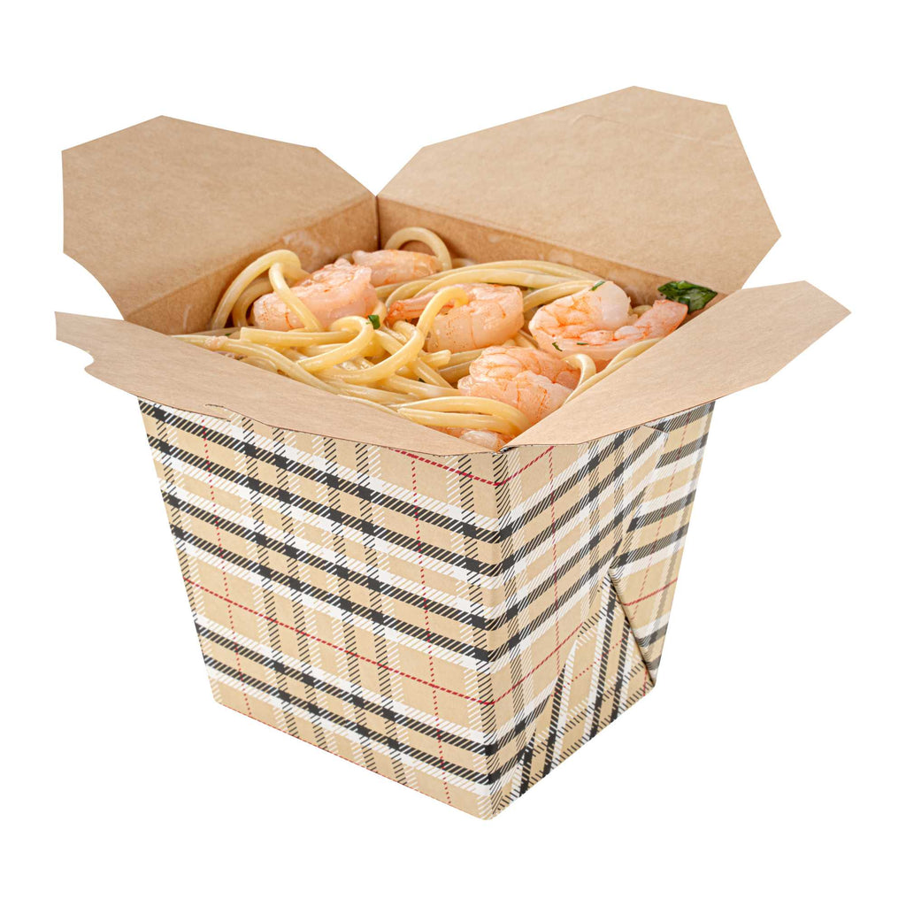 Bio Tek 26 oz Square Plaid Paper Noodle Take Out Container - 4" x 3 1/2" x 4" - 200 count box