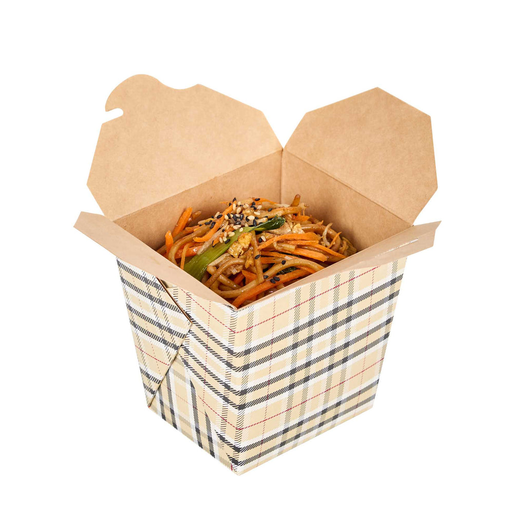 Bio Tek 26 oz Square Plaid Paper Noodle Take Out Container - 4" x 3 1/2" x 4" - 200 count box