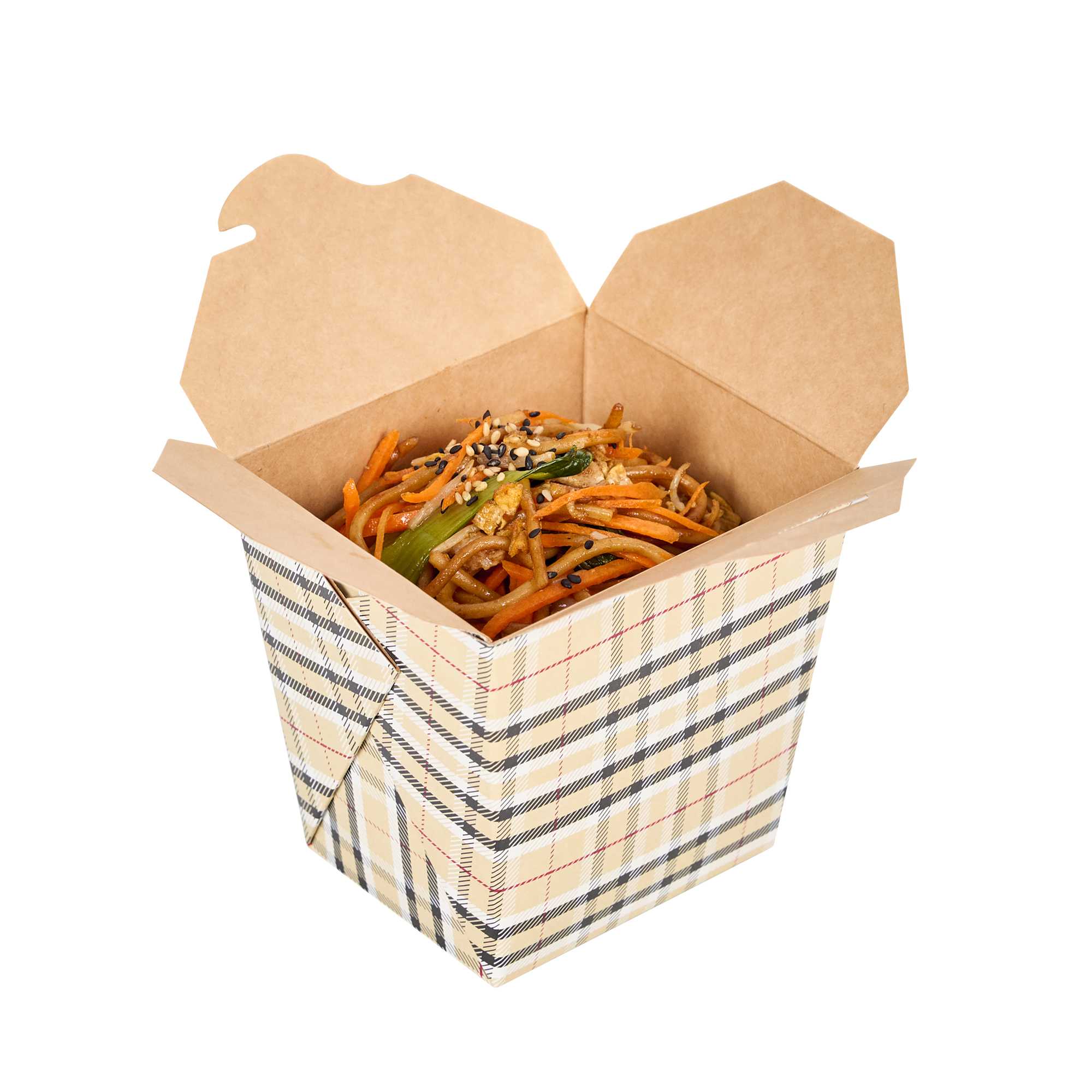 Bio Tek 26 oz Square Plaid Paper Noodle Take Out Container - 4" x 3 1/2" x 4" - 200 count box