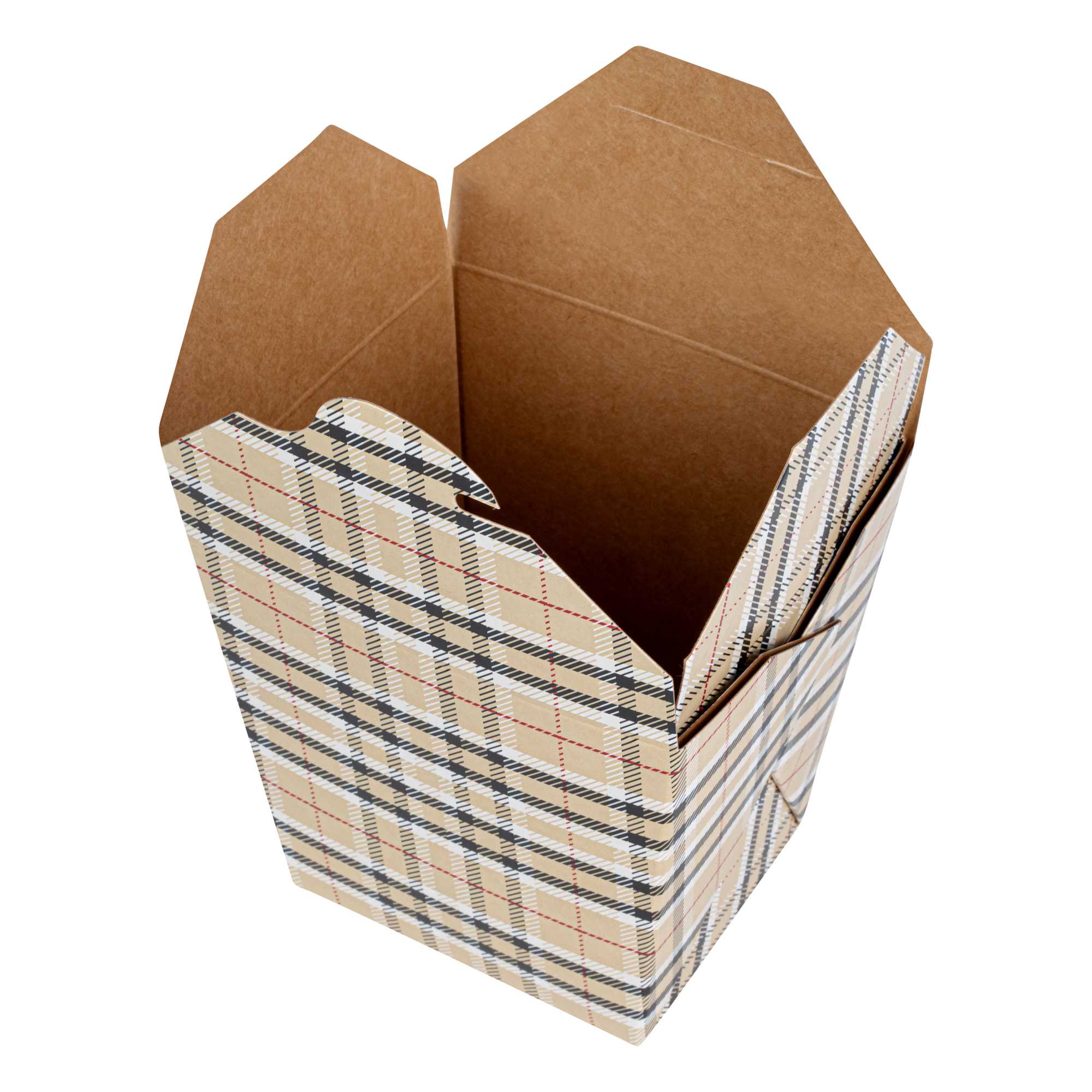 Bio Tek 26 oz Square Plaid Paper Noodle Take Out Container - 4" x 3 1/2" x 4" - 200 count box